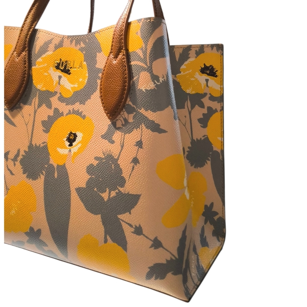 Furla Beige Tote with Yellow Floral Print and Brown Handles EUC - Picture 5 of 14